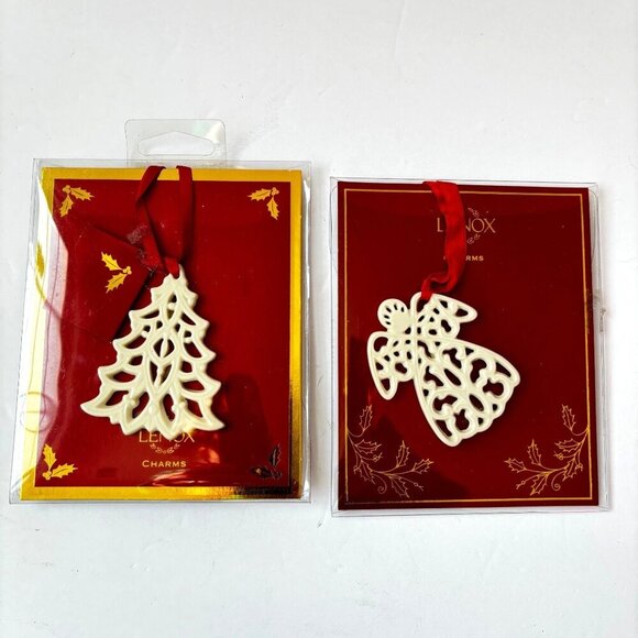 Lenox Porcelain Christmas Ornaments Tags Angel Tree Set 2 White - Picture 1 of 4